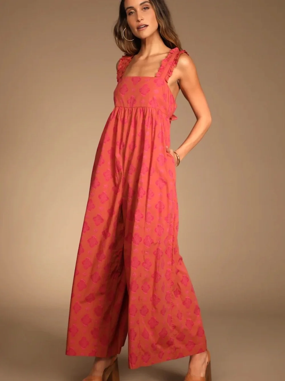 Free People Coral / Pink Printed Wide-Leg Jumpsuit